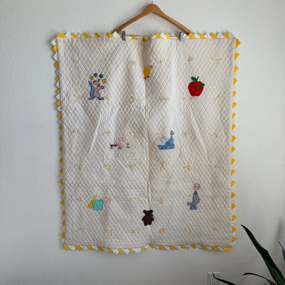 Vintage Hand Stitched Embroidered Aplique Baby Quilt Unisex